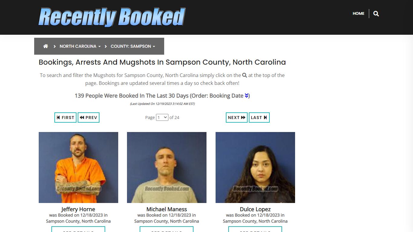 Bookings, Arrests and Mugshots in Sampson County, North Carolina
